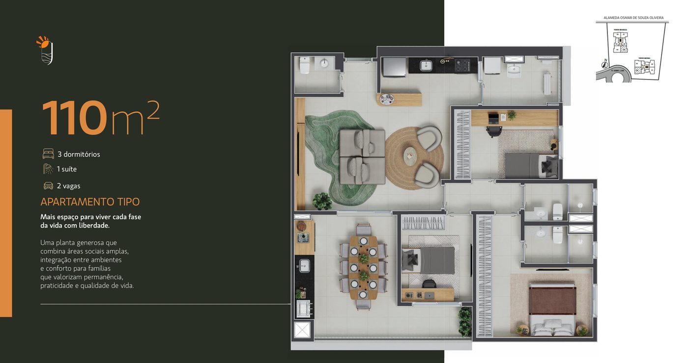 Planta 110m² - 3 dormitórios