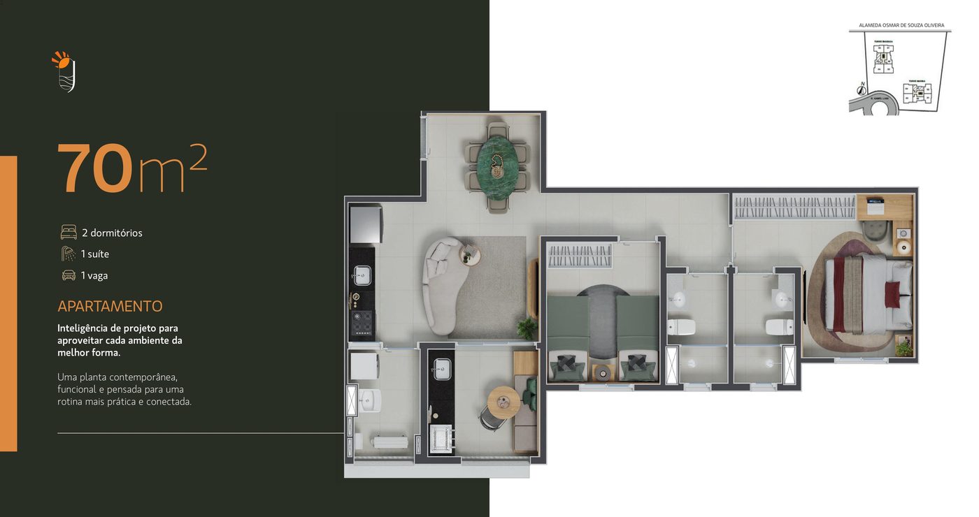 Planta 70m² - 2 dormitórios