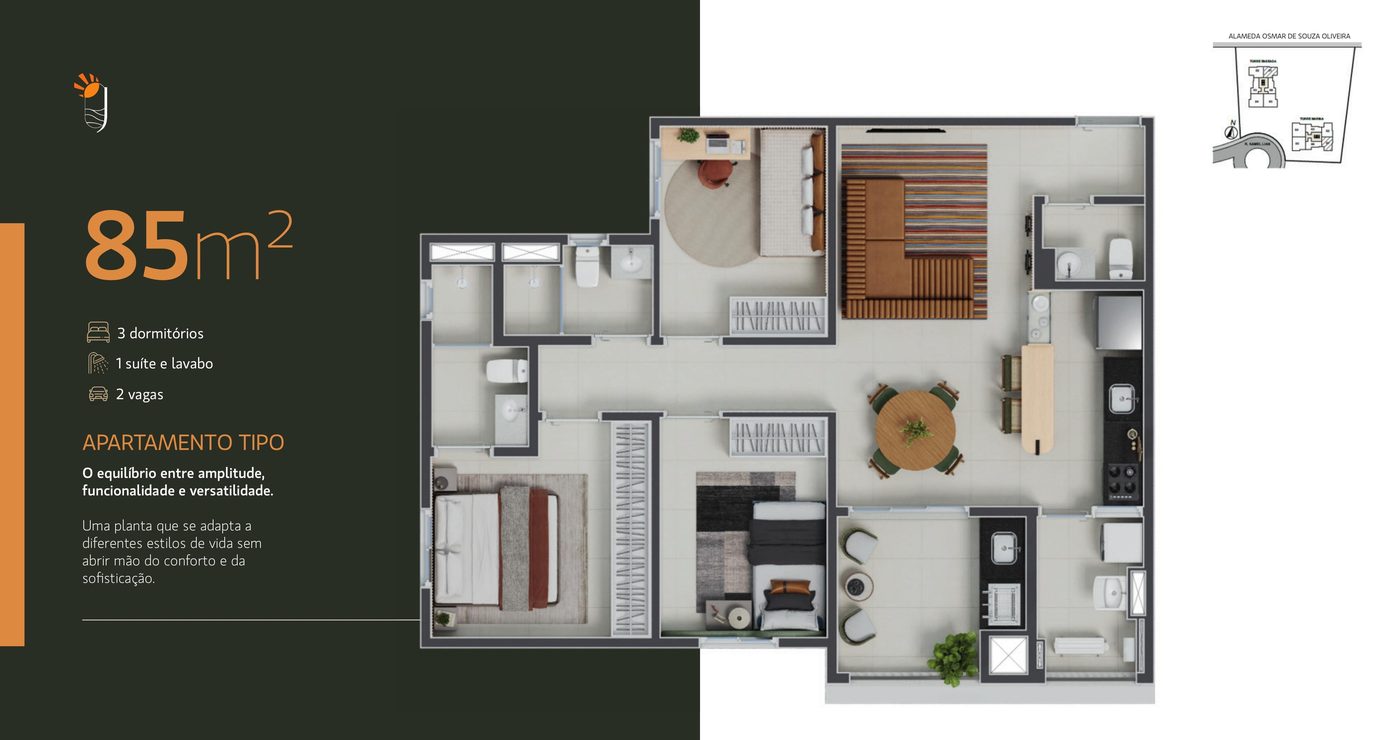 Planta 85m² - 3 dormitórios