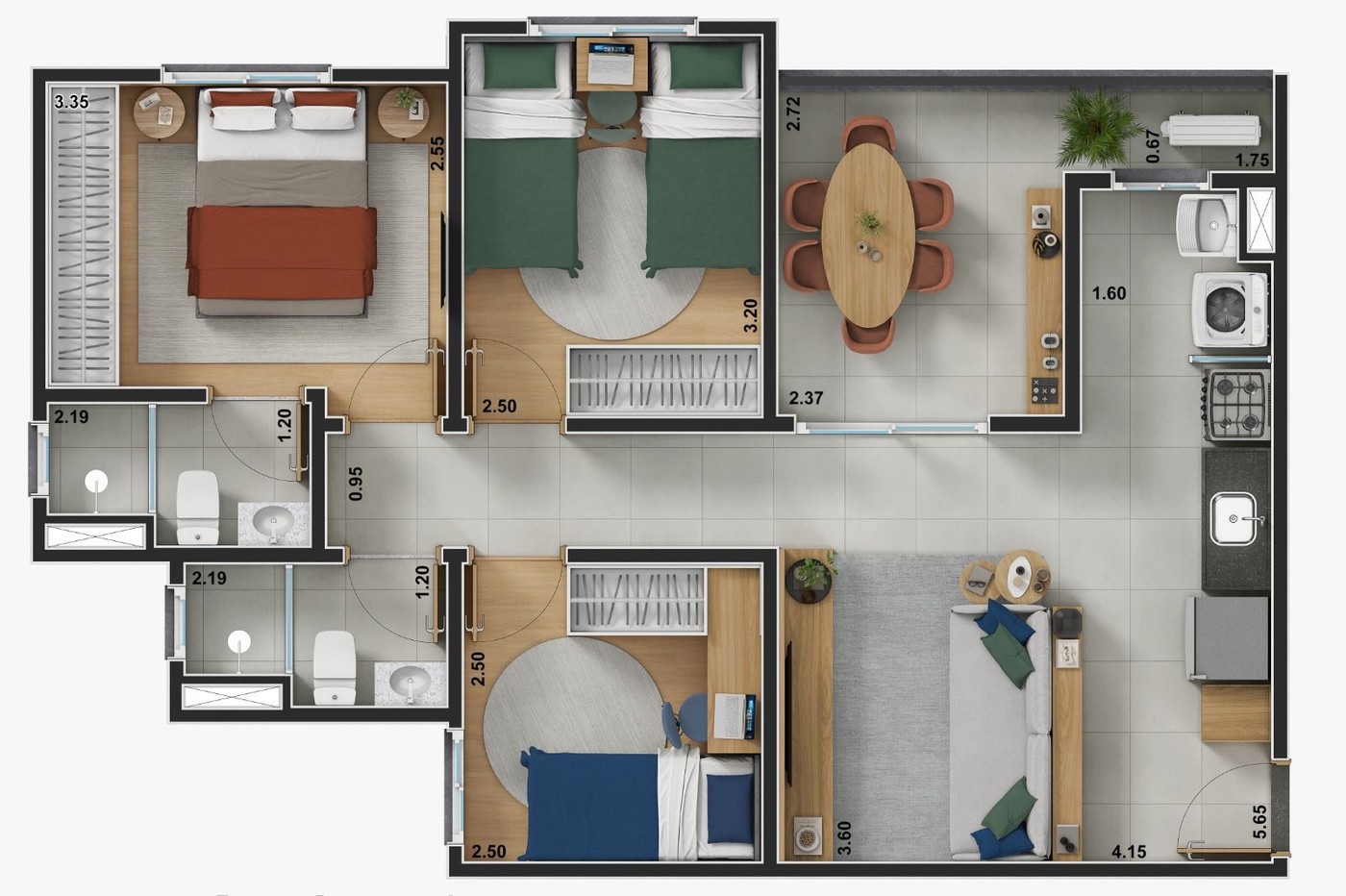Planta 65,95m² - 3 dormitórios