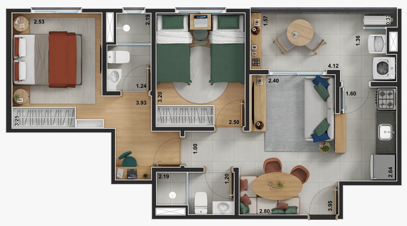 Planta 56,04m² - 2 dormitórios